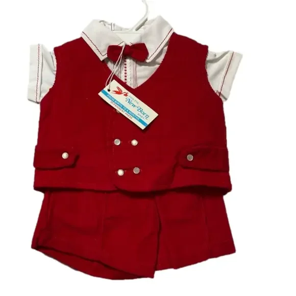 Baby boy vintage short suit, cotton corduroy, red & white. 3-piece. NWT. 0-6 mos - Picture 2 of 8